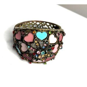 Vintage Multicolor Heart & Rhinestone Cuff Bracelet With Floral Design